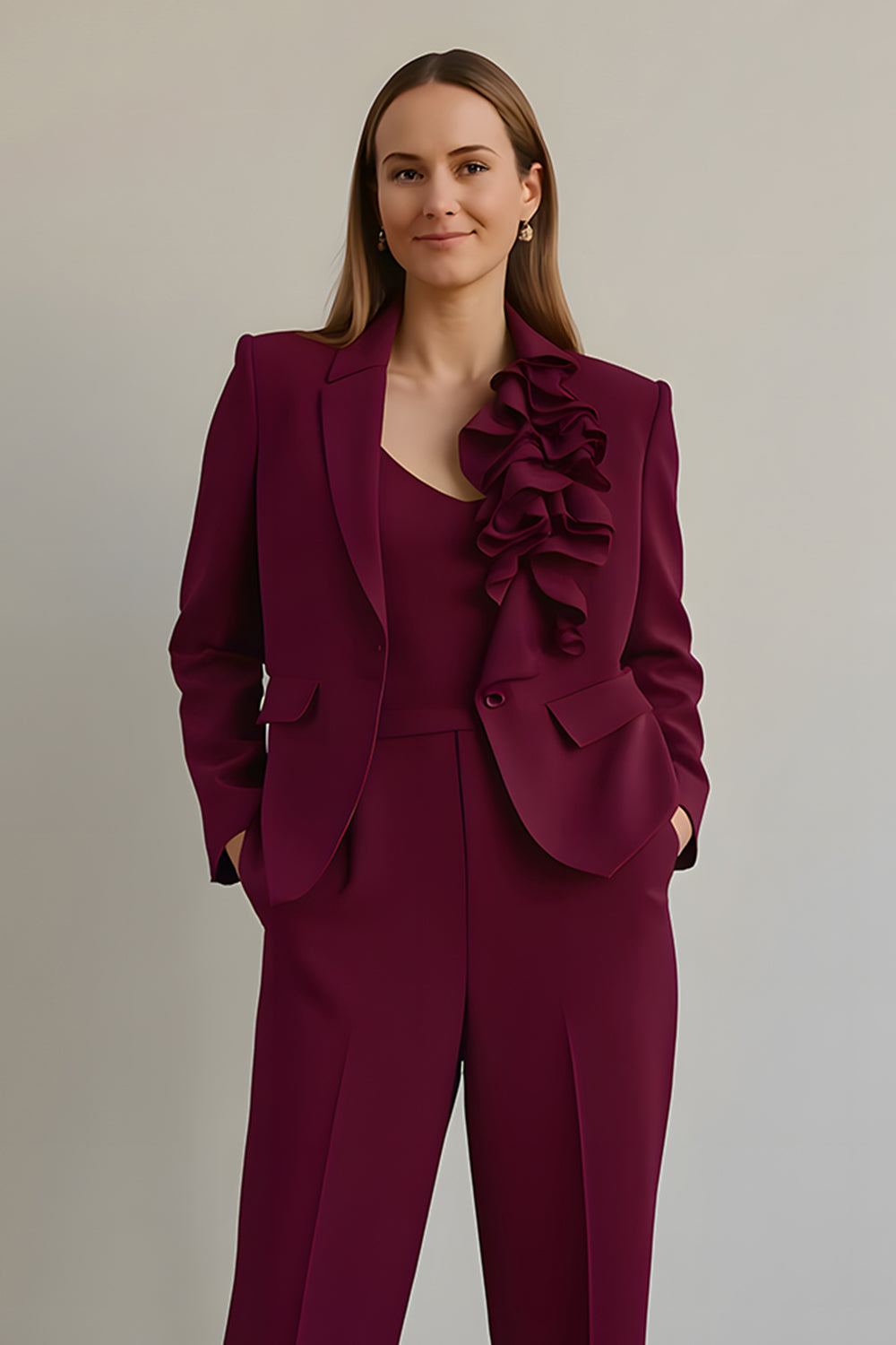 Burgundy 2 Piece Prom Suit With Ruffles