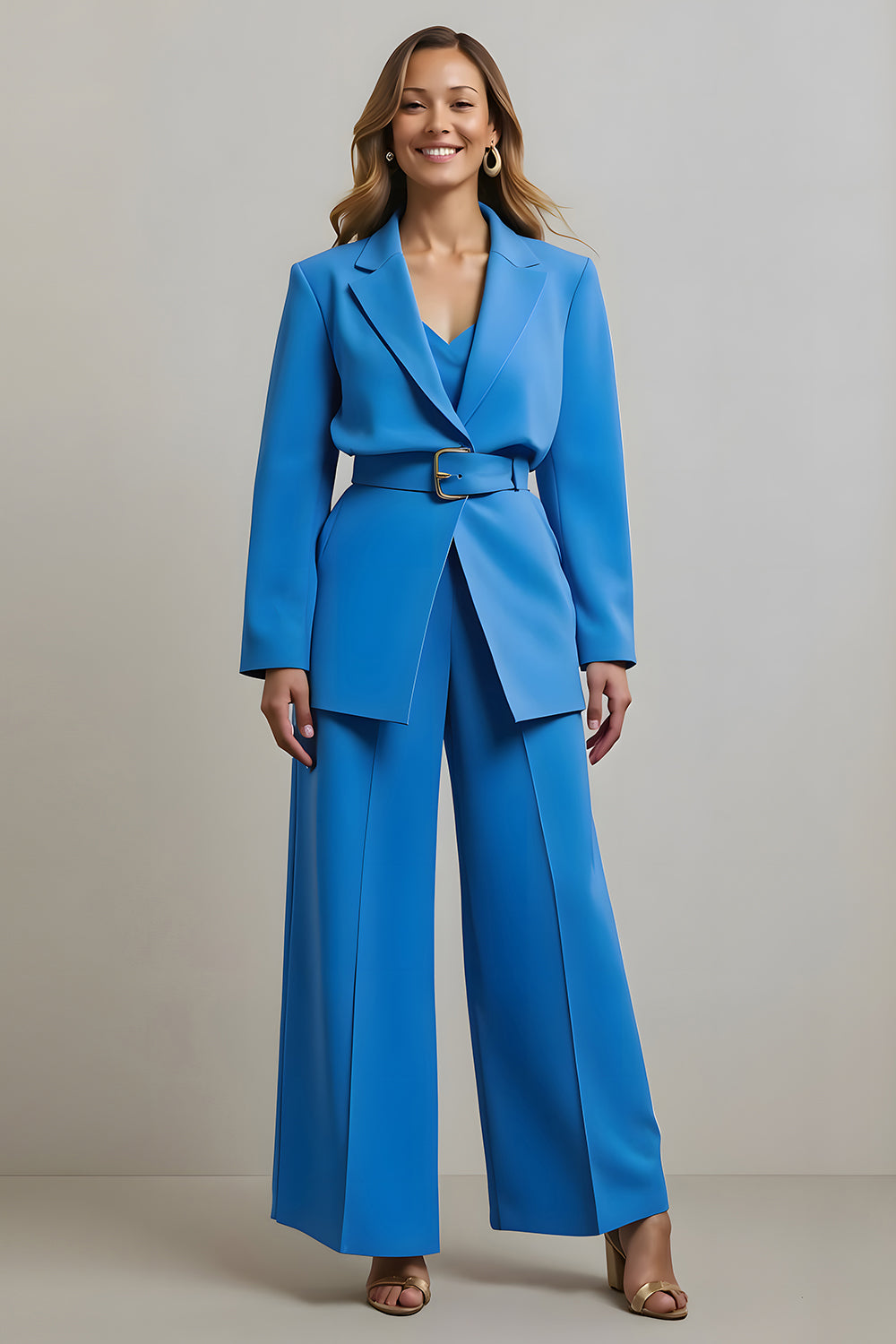 Blue Notched Lapel 2 Piece Business Suit With Belt