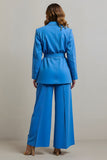 Blue Notched Lapel 2 Piece Business Suit With Belt