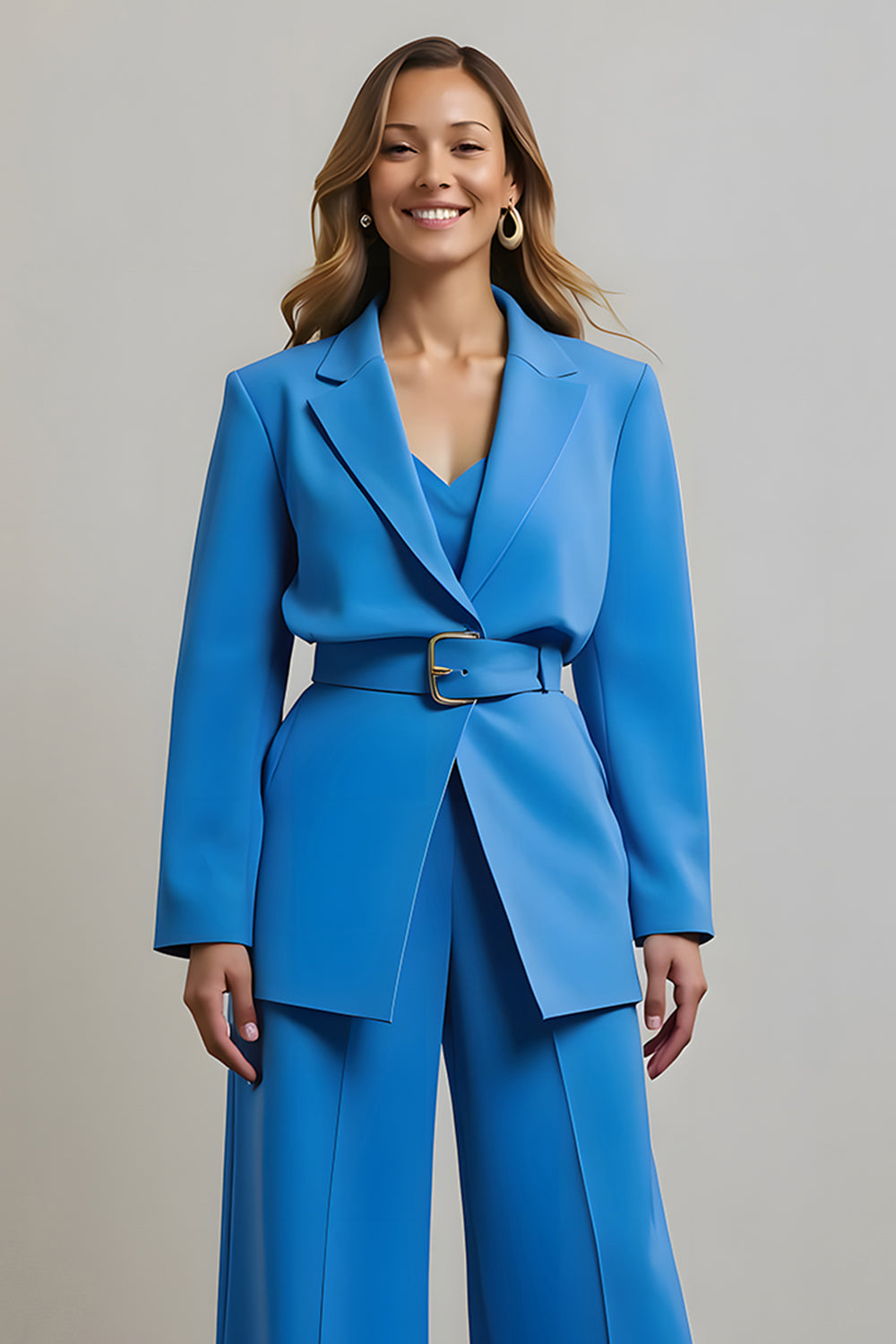 Blue Notched Lapel 2 Piece Business Suit With Belt