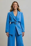 Blue Notched Lapel 2 Piece Business Suit With Belt
