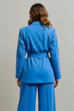 Blue Notched Lapel 2 Piece Business Suit With Belt