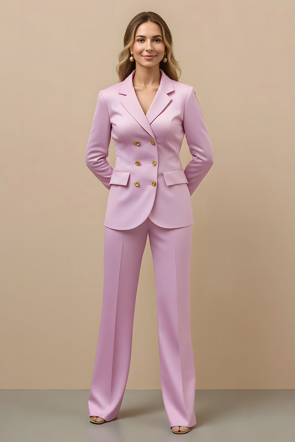 Pink Notched Lapel 2 Piece Double Breasted Work Suit