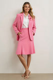 Pink Notched Lapel 2 Piece Business Casual Dress With 3D Flowers