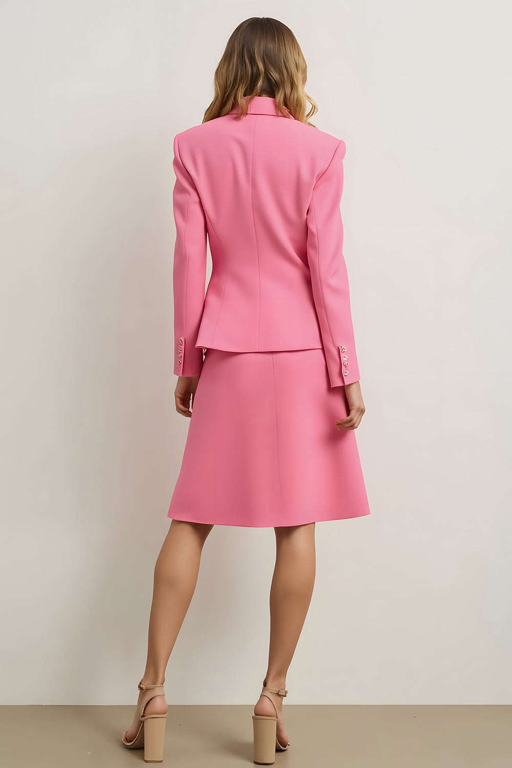 Pink Notched Lapel 2 Piece Business Casual Dress With 3D Flowers
