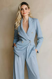 Grey Blue 2 Piece Notched Lapel Business Casual Suit