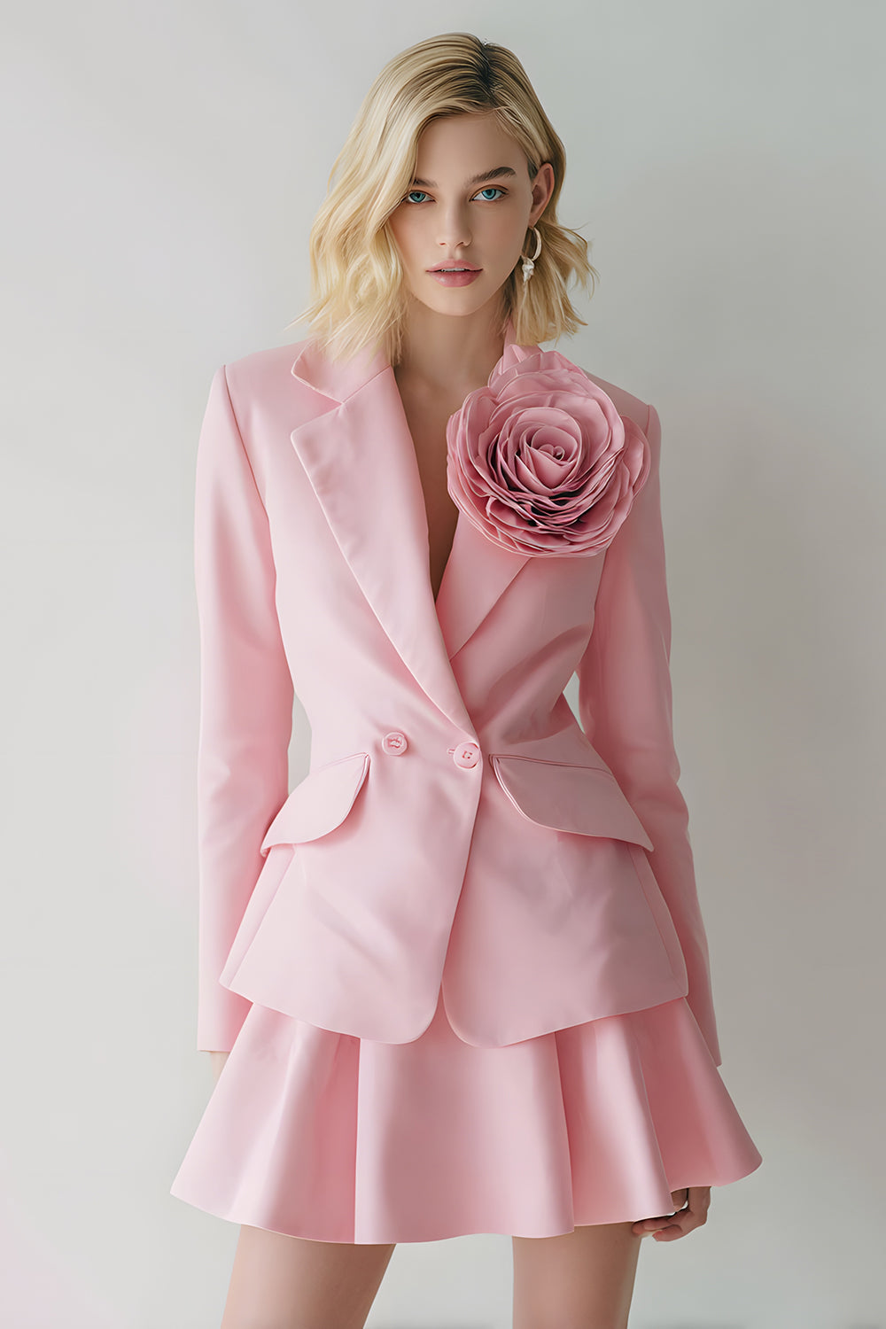 Pink Notched Lapel 2 Piece Skirt Suit With 3D Flower