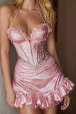 Halter Beaded A Line Pink Homecoming Dress with Ruffles