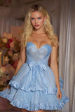 Sweetheart A Line Tiered Ruffle Blue Homecoming Dress With Bow