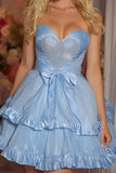 Sweetheart A Line Tiered Ruffle Blue Homecoming Dress With Bow