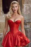 Red Corset A Line Strapless Homecoming Dress with Appliques