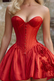 Red Corset A Line Strapless Homecoming Dress with Appliques