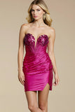 Fuchsia Strapless Sequin Bodycon Ruched Homecoming Dress With Slit