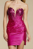 Fuchsia Strapless Sequin Bodycon Ruched Homecoming Dress With Slit