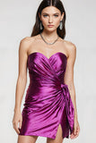 Purple Strapless Tight Ruched Homecoming Dress With Slit