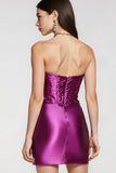 Purple Strapless Tight Ruched Homecoming Dress With Slit