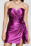 Purple Strapless Tight Ruched Homecoming Dress With Slit