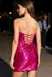 Strapless Keyhole Fuchsia Tight Homecoming Dress with Sequins