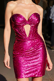 Strapless Keyhole Fuchsia Tight Homecoming Dress with Sequins