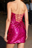Strapless Keyhole Fuchsia Tight Homecoming Dress with Sequins