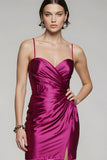 Fuchsia Ruched Satin Tight Homecoming Dress with Slit