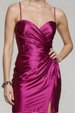 Fuchsia Ruched Satin Tight Homecoming Dress with Slit