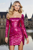Sparkly Fuchsia Long Sleeve Tight Homecoming Dress With Slit