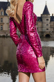 Sparkly Fuchsia Long Sleeve Tight Homecoming Dress With Slit