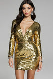 Golden Sequin V-Neck Bodycon Cocktail Party Dress with Long Sleeves