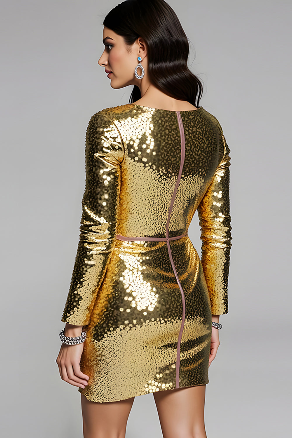 Golden Sequin V-Neck Bodycon Cocktail Party Dress with Long Sleeves