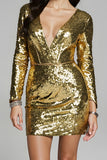 Golden Sequin V-Neck Bodycon Cocktail Party Dress with Long Sleeves