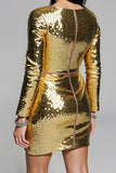 Golden Sequin V-Neck Bodycon Cocktail Party Dress with Long Sleeves