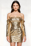 Sparkly Golden Cold Shoulder Tight Cocktail Party Dress with Long Sleeves