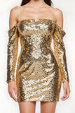 Sparkly Golden Cold Shoulder Tight Cocktail Party Dress with Long Sleeves