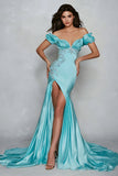 Off The Shoulder Appliqued Mermaid Blue Prom Dress With Slit