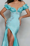 Off The Shoulder Appliqued Mermaid Blue Prom Dress With Slit