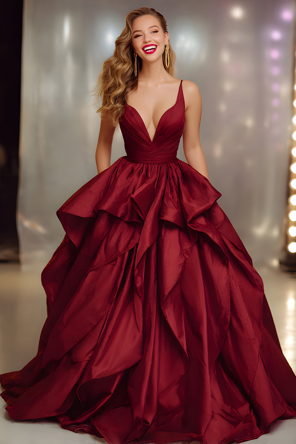 Burgundy A-Line Ruffled Maxi Prom Dress
