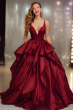 Burgundy A-Line Ruffled Maxi Prom Dress