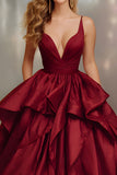 Burgundy A-Line Ruffled Maxi Prom Dress