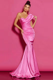 Mermaid One Shoulder Ruched Hot Pink Prom Dress