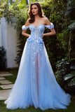 Off The Shoulder Light Blue Appliqued A-Line Prom Dress With Slit
