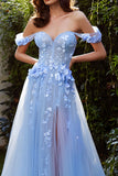 Off The Shoulder Light Blue Appliqued A-Line Prom Dress With Slit