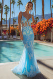 Blue Mermaid Long Prom Dress With Appliques