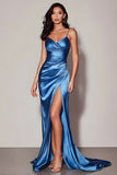 Dark Blue Mermaid Satin Prom Dress With Slit