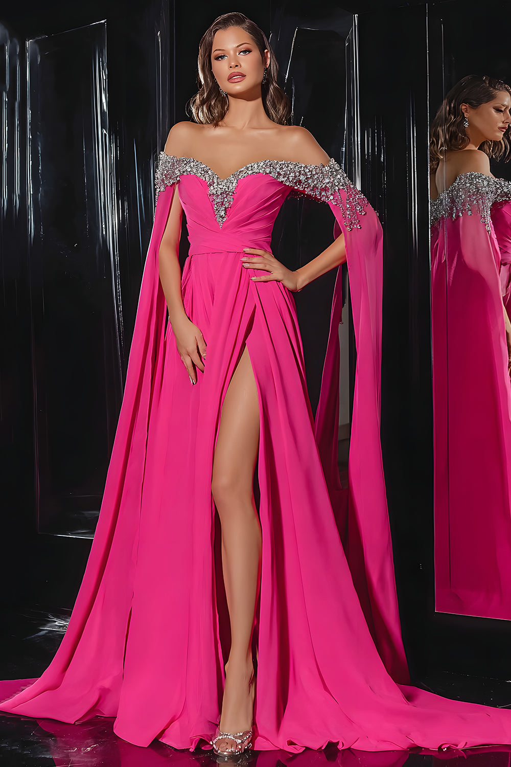 Fuchsia Off The Shoulder Beaded A-Line Prom Dress With Slit
