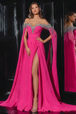Fuchsia Off The Shoulder Beaded A-Line Prom Dress With Slit