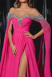 Fuchsia Off The Shoulder Beaded A-Line Prom Dress With Slit