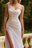 One Shoudler Lilac Appliqued Prom Dress With Slit