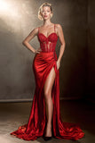 Mermaid Burgundy Satin Corset Prom Dresss With Slit