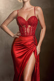 Mermaid Burgundy Satin Corset Prom Dresss With Slit
